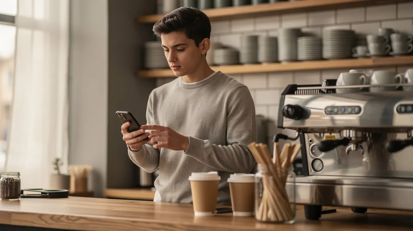A barista is standing at a coffee shop counter, holding a smartphone with a Starbucks app open, surrounded by various coffee cups in the background. The scene captures the barista ready to assist customers with mobile orders or partner discounts through the app.