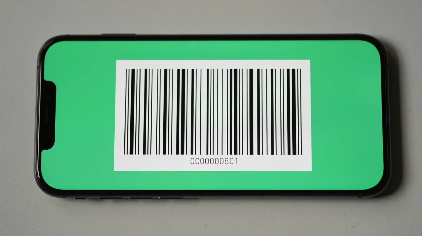 A close-up view of a smartphone screen displays a barcode against a vibrant green background, likely intended for use with the Starbucks app to facilitate mobile orders and payments. The barcode represents a partner card, which can be scanned at a Starbucks store for rewards and discounts.