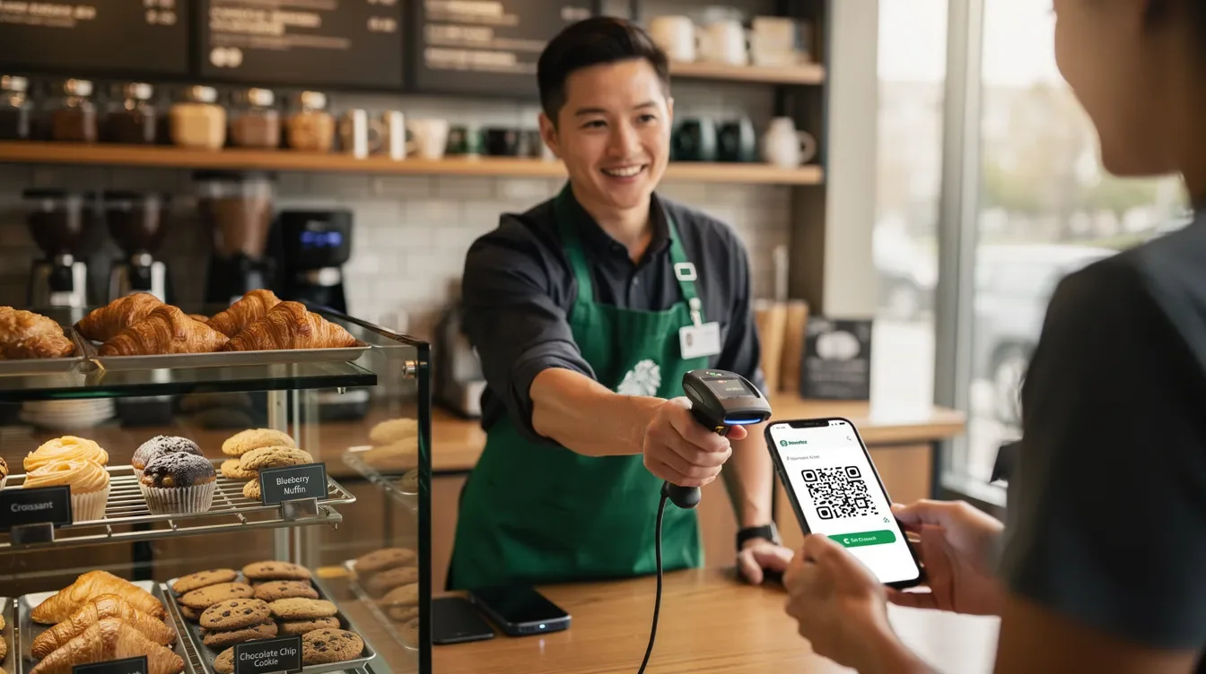A barista is scanning a customer's phone at a Starbucks register, with a display of various pastries in the background, showcasing the vibrant atmosphere of the store where customers can enjoy their favorite drinks and food items.