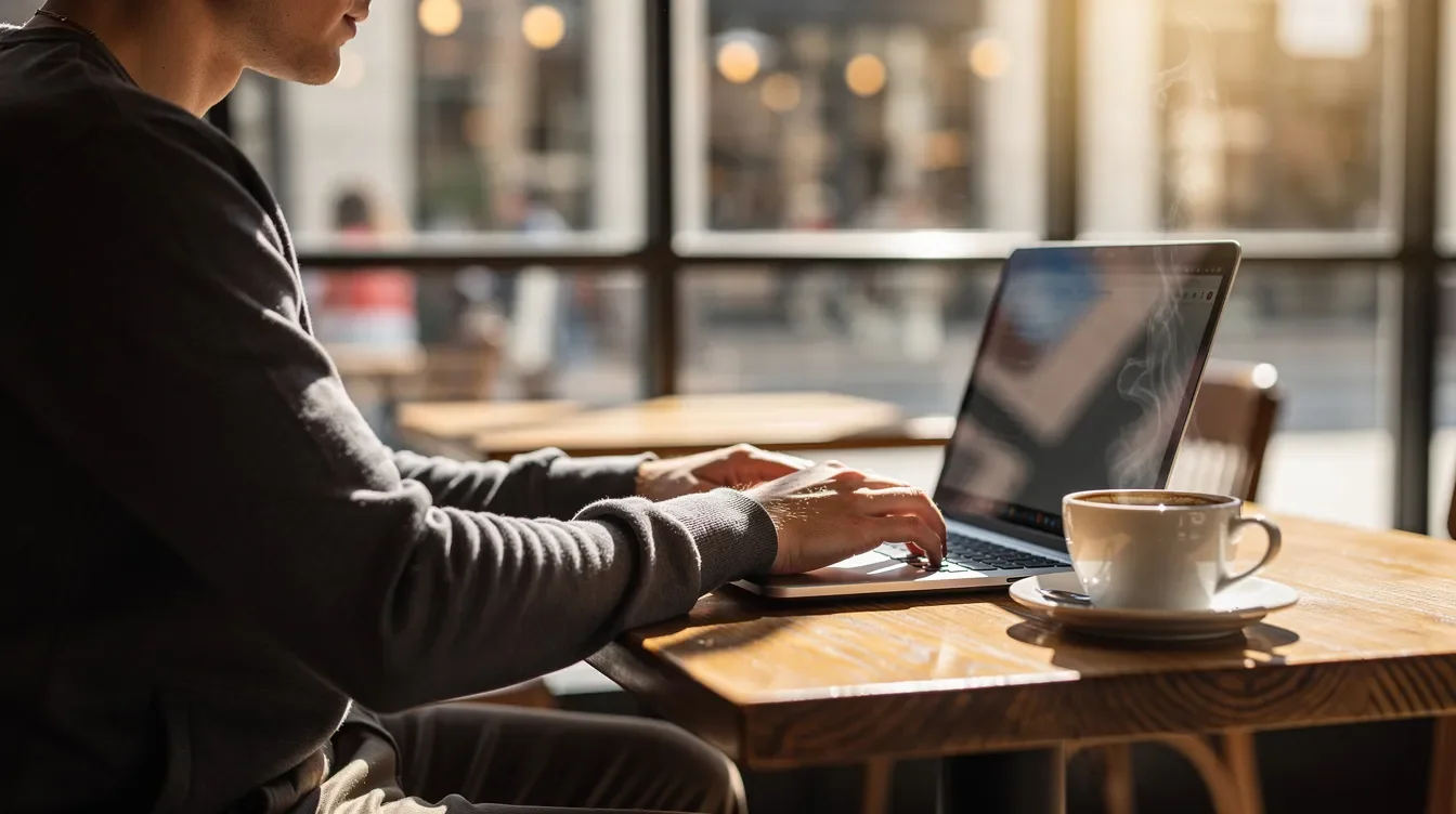 A person is seated at a coffee shop table, focused on their laptop, with a steaming coffee cup placed next to the keyboard. The environment suggests a casual atmosphere, perfect for working or managing their Starbucks account.