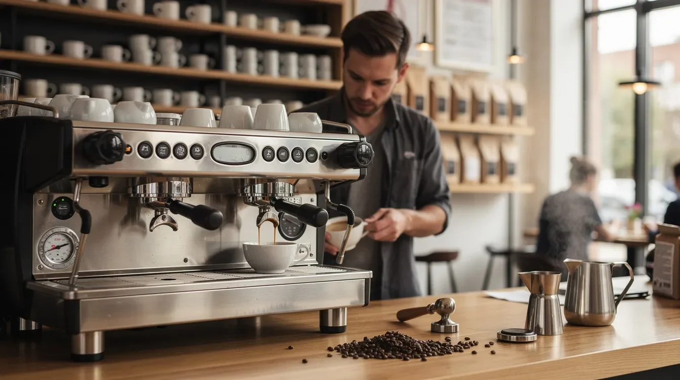 A barista is skillfully preparing coffee behind a busy espresso machine in a modern coffee shop, surrounded by the hustle and bustle of customers and staff. The scene captures the essence of a vibrant café environment where partners manage their schedules and provide exceptional service.