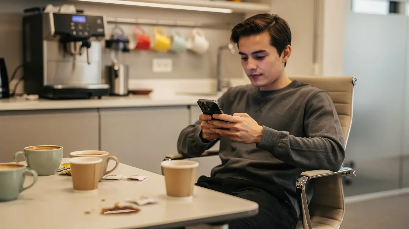 A person is sitting in a break room, checking their phone while surrounded by coffee cups, possibly accessing the Starbucks partner hours app to manage their schedule or receive push notifications. The relaxed atmosphere suggests a moment of work-life balance amidst their busy day.
