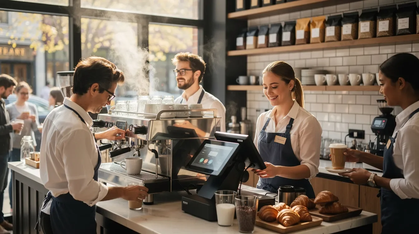 A team of coffee shop employees, including baristas and a shift supervisor, are collaborating efficiently behind the counter during a busy morning rush, preparing drinks and managing customer orders. The atmosphere is lively as they utilize their scheduling tools and work together to ensure a smooth operation, reflecting the spirit of teamwork typical in a Starbucks partner environment.