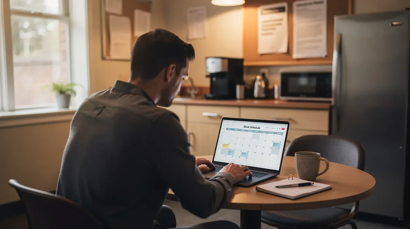 A person is seated at a laptop in a cozy break room, reviewing their work schedule on the screen, which may include details about their Starbucks partner hours and shift swaps. The warm atmosphere suggests a comfortable space for employees to manage their availability and stay connected with their team.