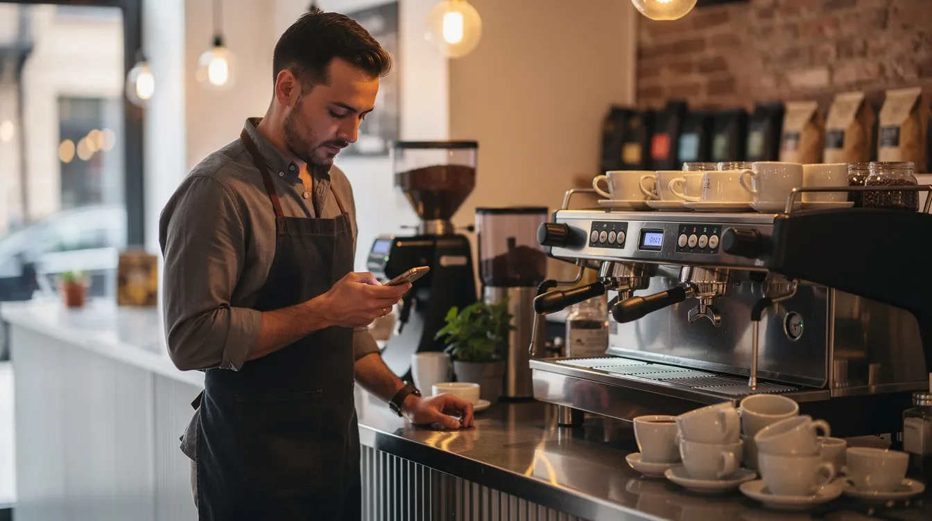 A barista is standing near a coffee counter, checking their phone for updates on partner hours and notifications related to their schedule. The setting reflects a busy Starbucks environment, emphasizing the importance of staying connected for managing work shifts and benefits.