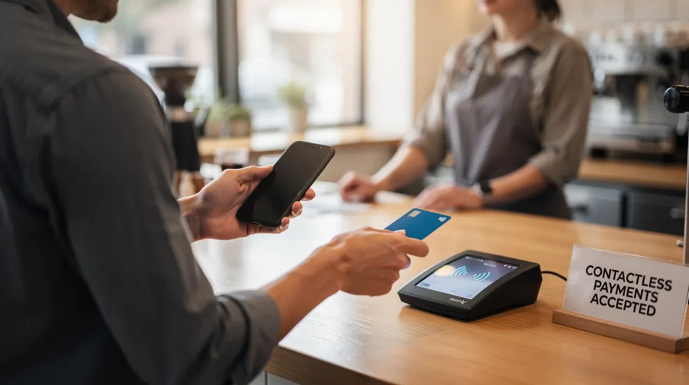 A person is standing near a cafe register, holding a phone in one hand and a payment card in the other, ready to complete their transaction. This scene captures the convenience of mobile payment options often utilized by Starbucks partners during their working hours.
