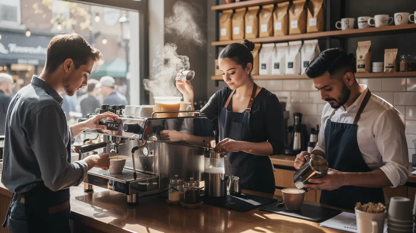 A busy coffee shop scene captures a team of Starbucks partners energetically preparing various drinks during the morning rush. The atmosphere is lively as they efficiently manage their tasks, ensuring customers receive their orders promptly.