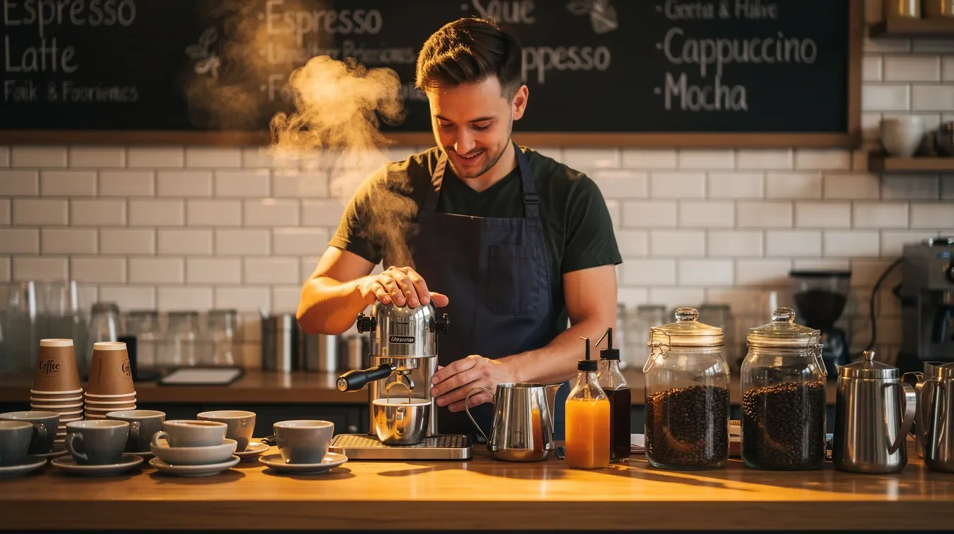 A barista is skillfully preparing drinks behind a coffee shop counter, surrounded by various coffee-making equipment and ingredients. The atmosphere is lively as customers enjoy their beverages, showcasing the vibrant environment typical of a Starbucks location.