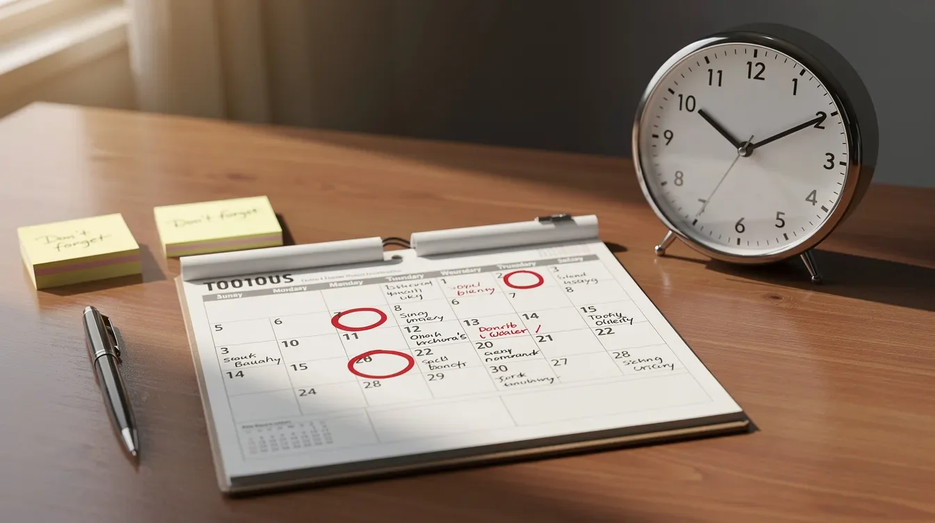 The image features a calendar on a desk with important dates circled, indicating key events related to stock purchases and tax reporting, alongside a clock that adds a sense of urgency. This setup suggests a focus on managing time-sensitive financial matters, such as the upcoming quarterly enrollment window for eligible Starbucks partners.