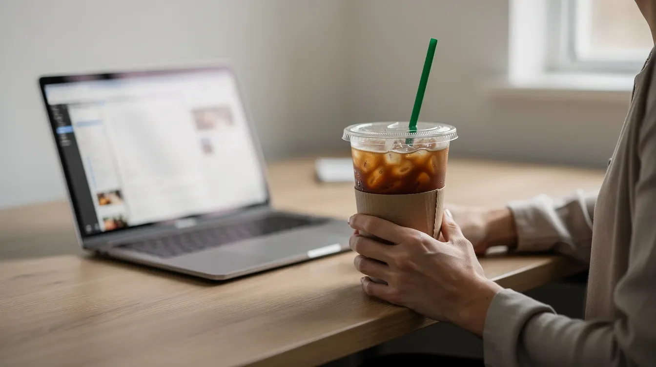 A person is holding a refreshing iced coffee topped with whipped cream, sitting next to a laptop, suggesting a moment of relaxation or productivity. This scene could inspire viewers to explore their favorite Starbucks drinks and utilize a Starbucks calorie calculator to track their beverage choices.