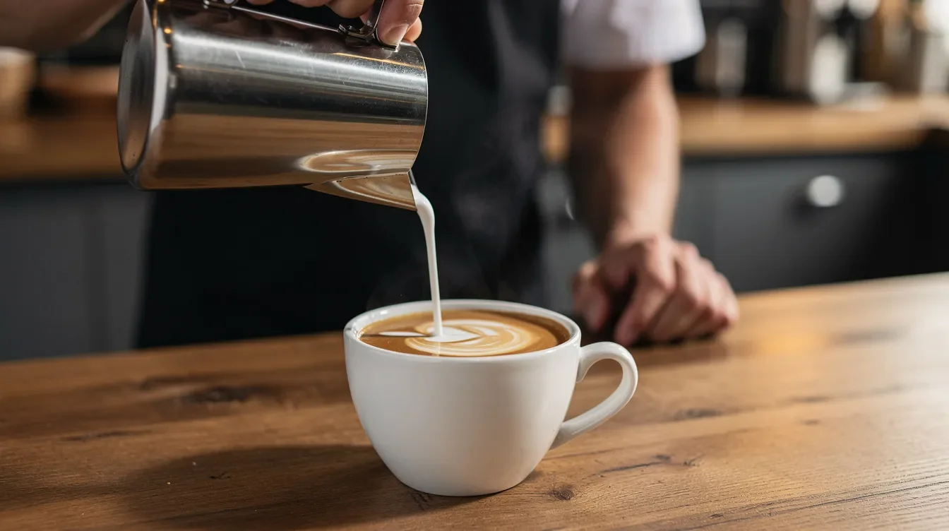 A barista is skillfully pouring steamed milk into a cup of freshly brewed coffee, creating a beautiful latte art design on the surface. This moment captures the essence of customizing your favorite Starbucks drink, where you can consider options like whole milk or coconut milk while keeping track of calories and nutritional information.