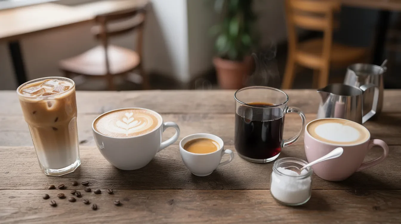 The image shows a variety of coffee drinks on a cafe table, including lattes topped with whipped cream and seasonal drinks in colorful cups. This assortment highlights popular choices at Starbucks, inviting customers to explore their favorite drinks while considering options like sugar-free syrups and customized flavors to suit their nutritional preferences.