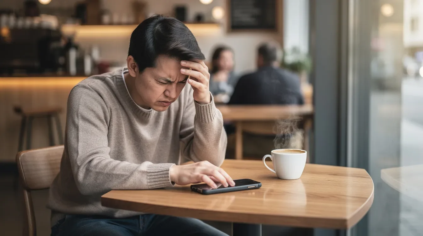 A frustrated person sits at a coffee shop table, staring at their smartphone, with a coffee cup beside them, likely experiencing issues with the Starbucks app. The scene captures their struggle to access their account, possibly due to corrupted data or a bug in the app.