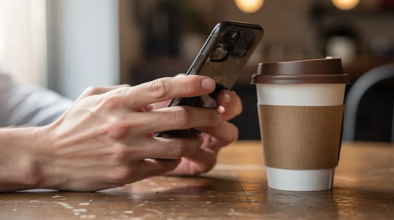 A close-up shows hands holding a smartphone displaying the Starbucks app, positioned next to a takeaway coffee cup on a wooden table. This scene captures a morning moment where customers might be experiencing issues with the app, such as login problems or corrupted data.