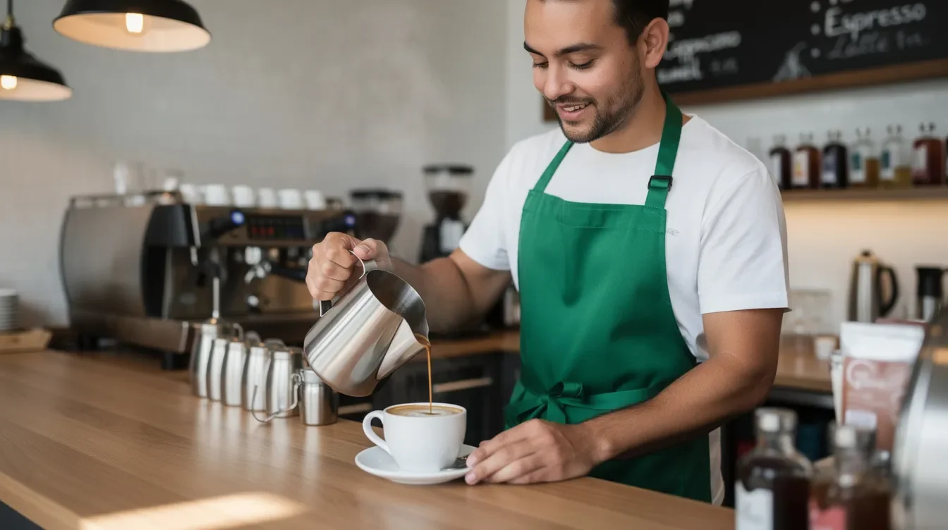 A barista in a green apron is skillfully preparing a coffee drink behind a cafe counter, showcasing the vibrant atmosphere of a Starbucks store. This image reflects the dedication of Starbucks partners, who benefit from various employee perks, including health insurance and free coffee.