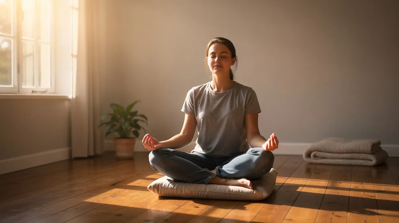 A person sits calmly in a sunlit room, meditating with their eyes closed, embodying tranquility and mental health. This serene environment reflects the supportive atmosphere that Starbucks partners enjoy through their employee benefits, promoting well-being and mindfulness.