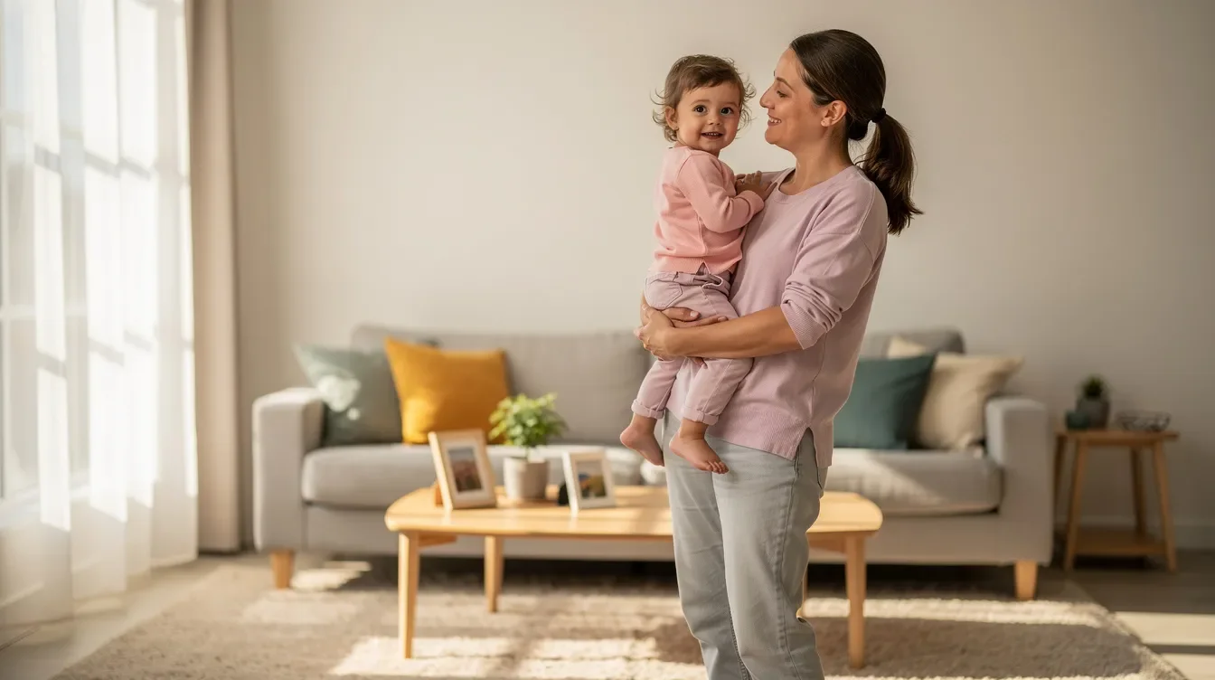 A parent lovingly holds a young child in a bright and comfortable living room, filled with cozy furniture and warm lighting. This nurturing scene highlights the importance of family support, reflecting the caring nature that unites Starbucks partners and their benefits.