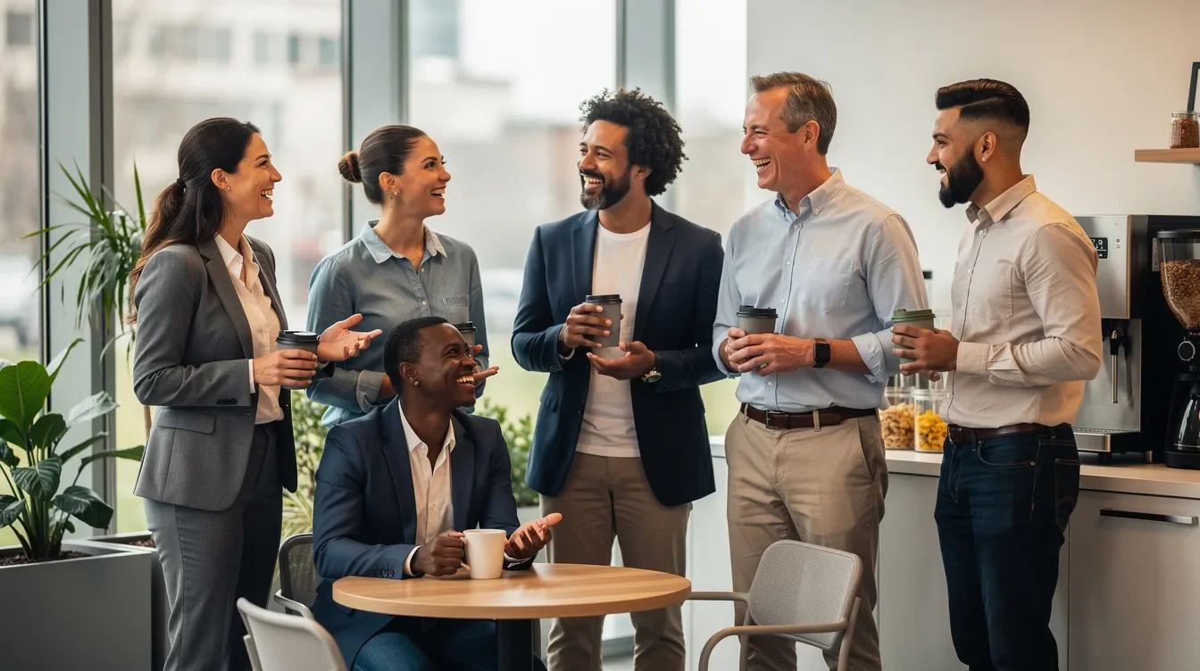 A diverse group of coworkers is enjoying a light-hearted conversation and laughter in a break room, showcasing a friendly atmosphere. This scene reflects the supportive culture at Starbucks, where partners can connect and enjoy employee benefits like free coffee and health insurance.