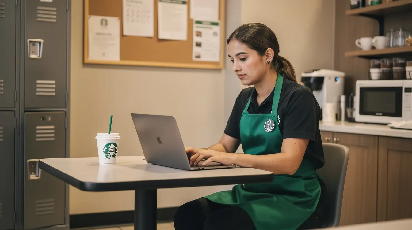 A Starbucks employee, identified as a partner, is sitting in a break room using a laptop to access the Starbucks Partner Hub. The screen displays information related to partner benefits, work schedules, and vacation balances, helping the employee manage their time and resources effectively.