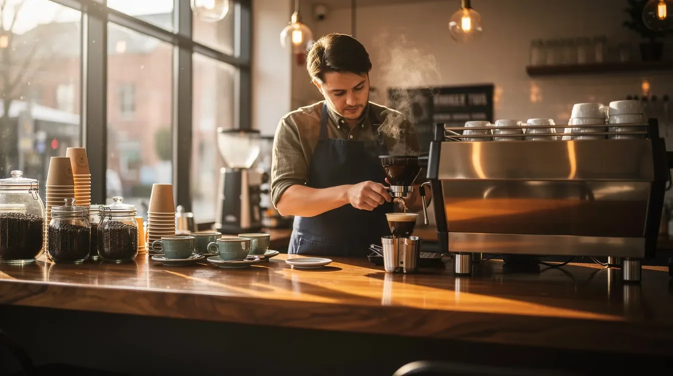 A barista is skillfully preparing coffee behind a counter, surrounded by various coffee-making equipment and ingredients. The scene captures the vibrant atmosphere of a Starbucks partner hub, where current partners serve customers with care and expertise.