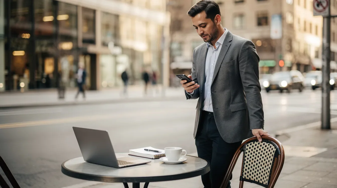 A Starbucks employee is checking their phone while seated at a cafe table, likely accessing the Starbucks Partner Hub to view important information such as work schedules or benefits eligibility. The atmosphere is casual, with coffee cups and cafe decor in the background.