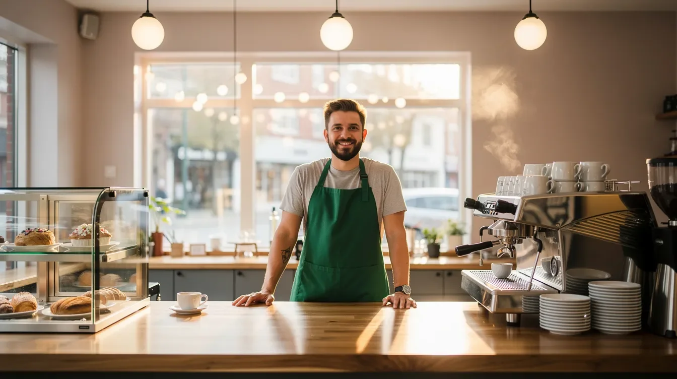 A person wearing a green apron stands behind a coffee counter in a brightly lit café, ready to assist customers with their orders. The inviting atmosphere reflects the welcoming spirit of Starbucks, where partners are dedicated to providing excellent service.