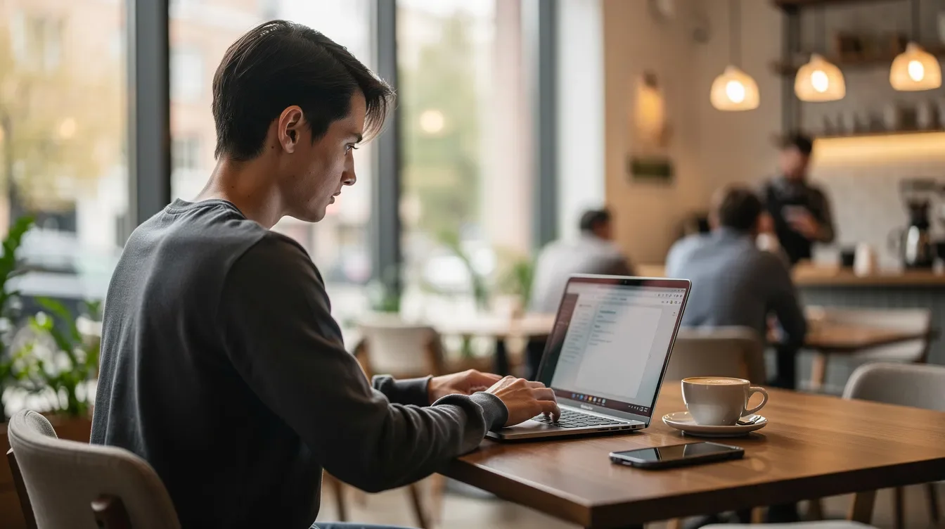 A person is seated at a table in a modern cafe, focused on using a laptop, possibly accessing their Starbucks partner account for information related to benefits or resources. The cafe environment is bright and inviting, with people enjoying their time around them.