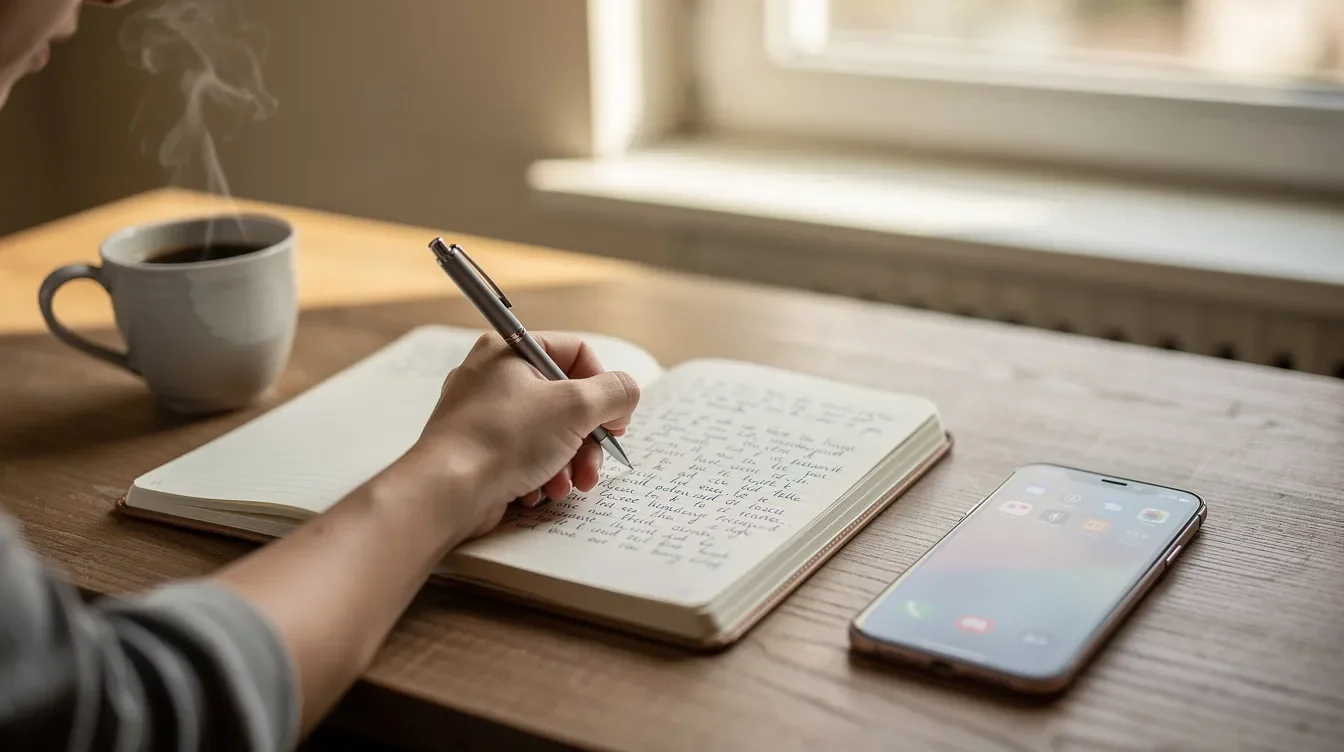 A person is sitting at a desk, diligently writing notes while a coffee cup and a phone are placed nearby. This scene captures a moment of focus and organization, possibly related to accessing important resources or documentation for Starbucks partner benefits.