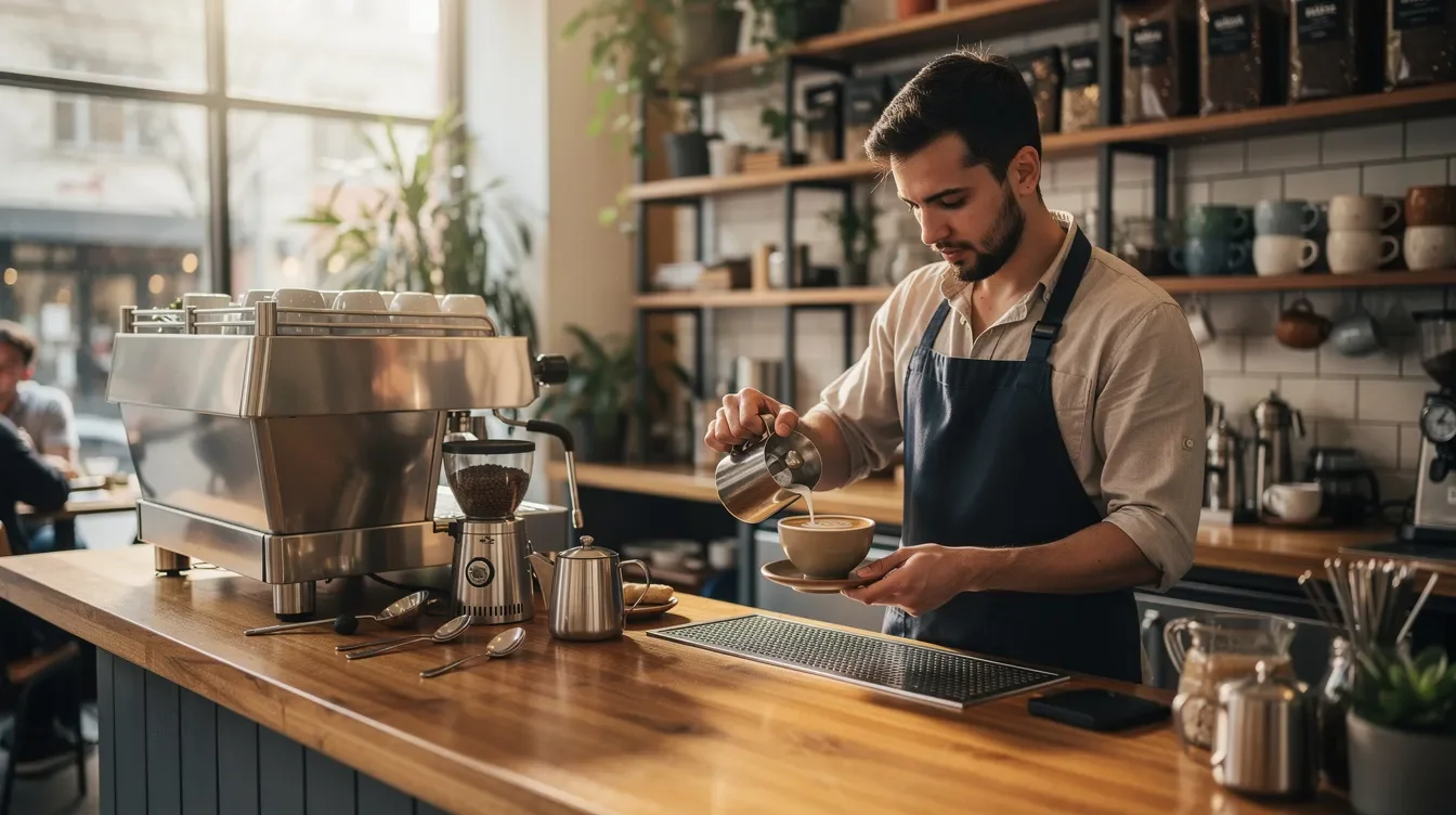 A barista is skillfully preparing a coffee drink behind a counter in a bustling coffee shop, surrounded by customers and the aroma of fresh coffee. The scene captures the vibrant atmosphere of a Starbucks, where partners are dedicated to providing excellent service during busy partner hours.