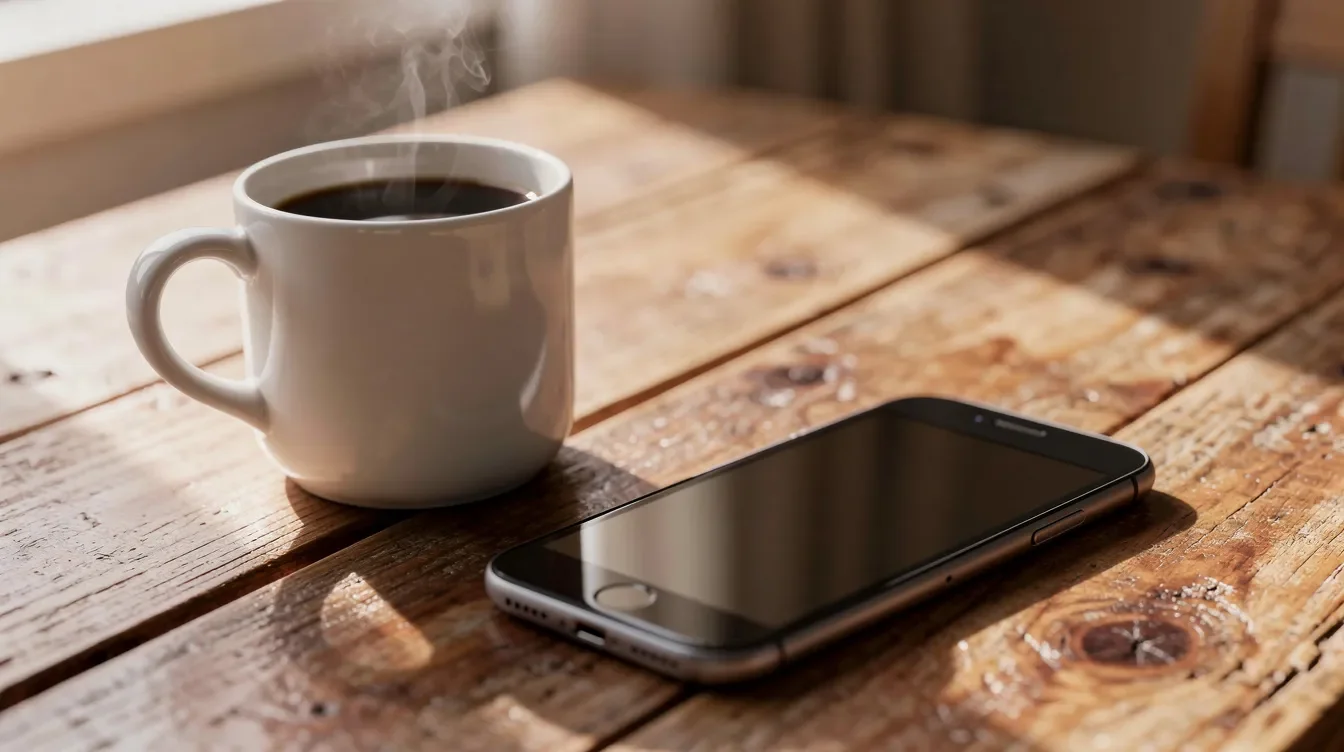 A smartphone lies on a wooden table beside a ceramic coffee mug, suggesting a cozy workspace for Starbucks partners to access the partner hours app or manage their work schedules. The scene captures a moment of productivity, ideal for employees looking to stay connected with their store manager or check shift details.