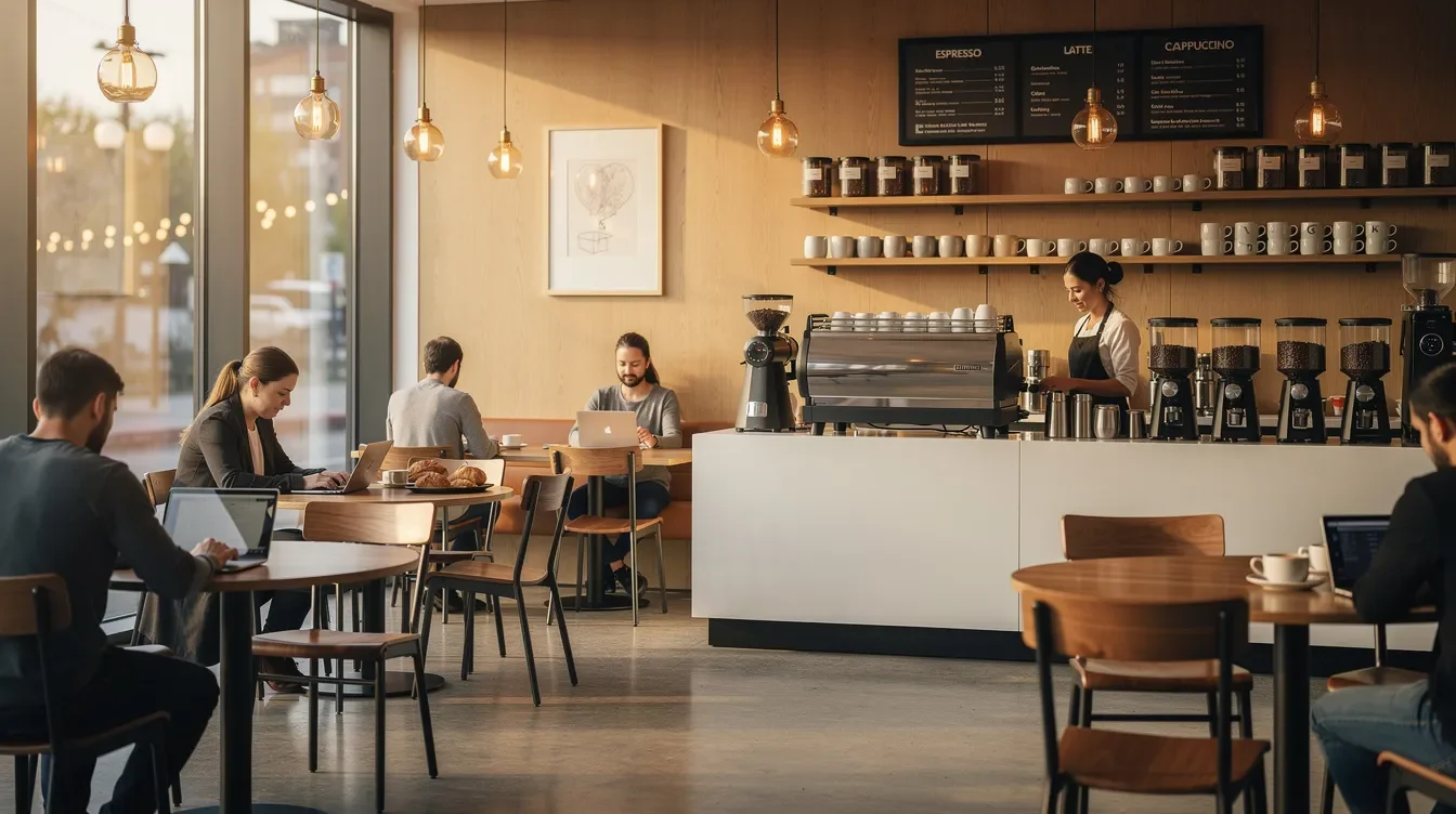 The image depicts the cozy interior of a modern coffee shop, featuring warm lighting and customers comfortably seated at various tables, enjoying their drinks and conversations. This inviting atmosphere is perfect for Starbucks partners to connect and unwind during their partner hours.