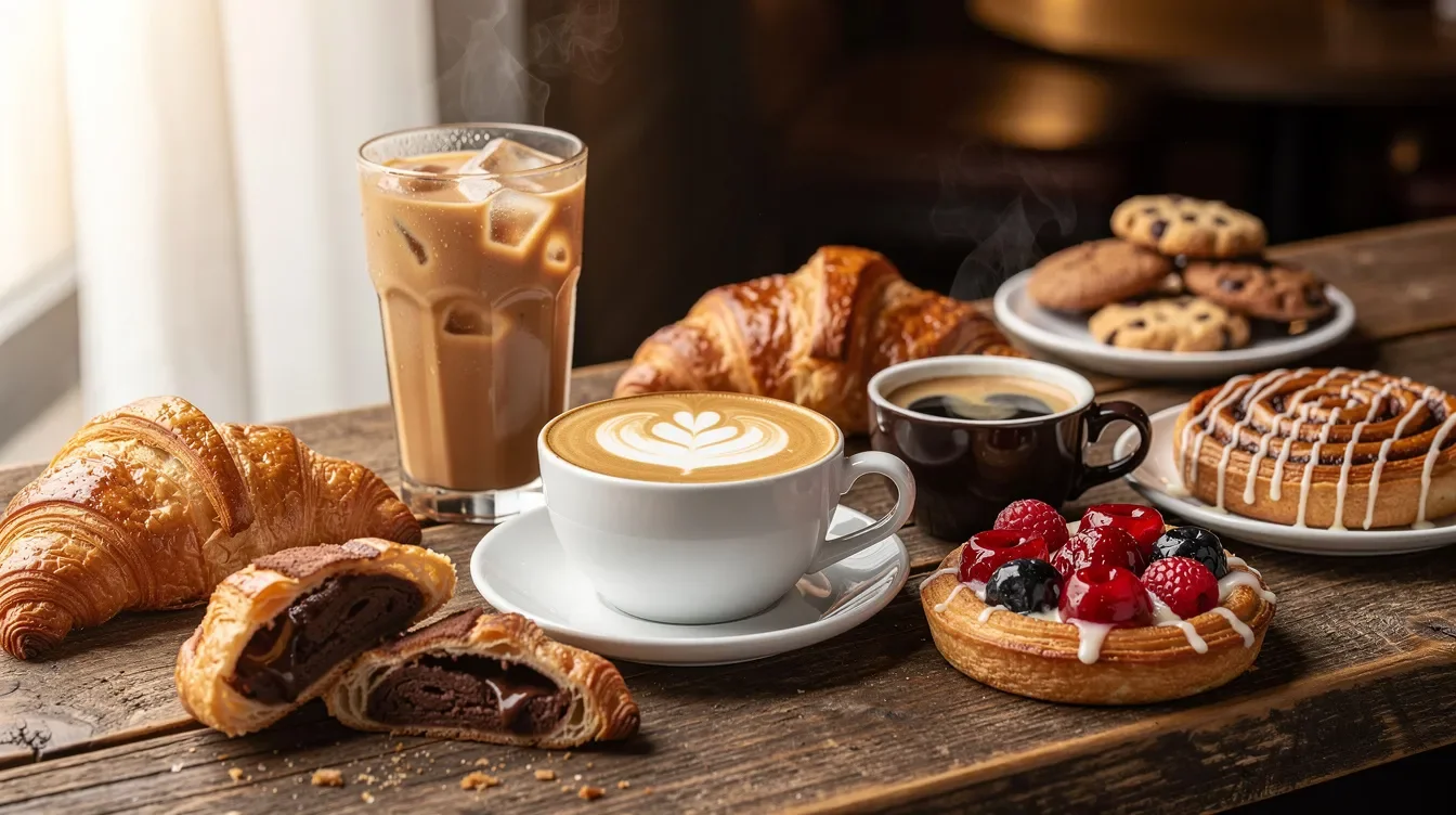 The image features a variety of coffee beverages and pastries beautifully arranged on a rustic wooden counter, inviting customers to enjoy a delightful treat. This scene reflects the warm atmosphere typical of a Starbucks store, where partners can connect over their favorite drinks during partner hours.