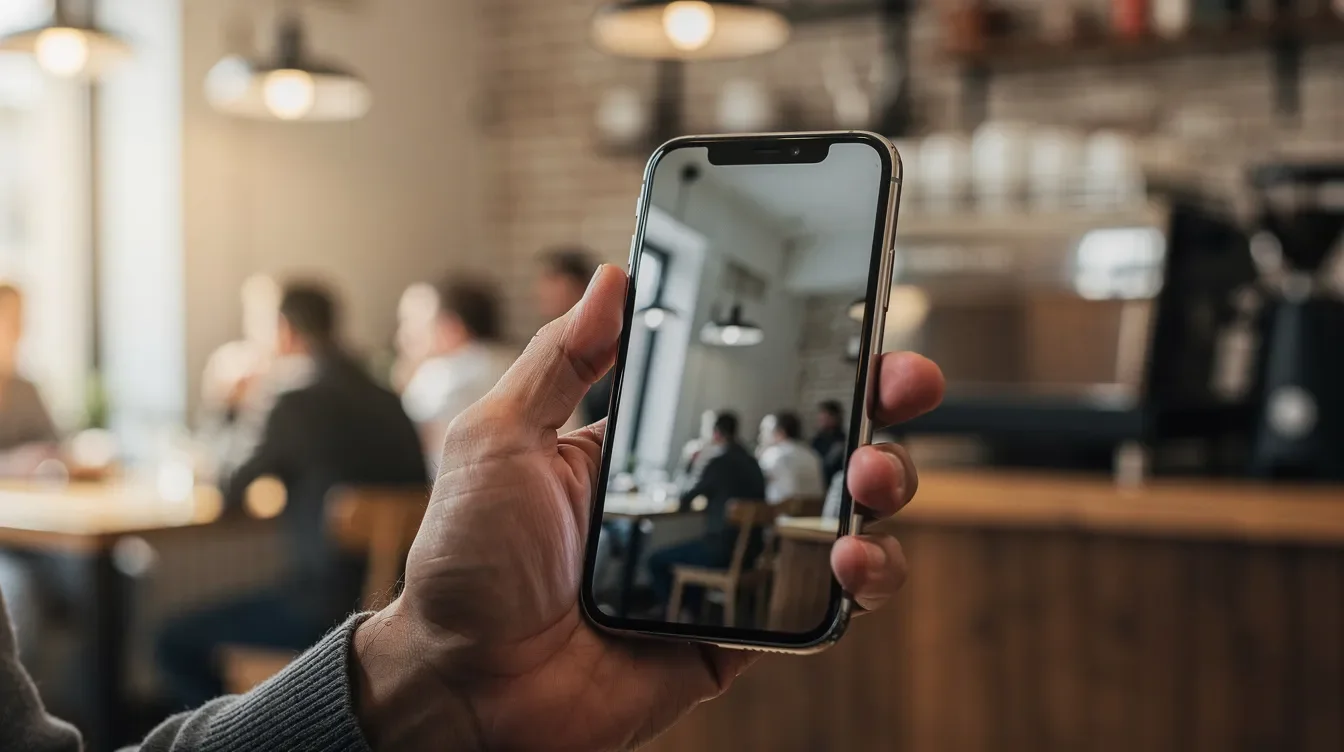 A person is holding a smartphone with the Starbucks app open, while a coffee shop is softly blurred in the background, suggesting a focus on managing partner hours and work schedules. The image captures the essence of staying connected as a Starbucks partner, utilizing technology for shift details and time off requests.