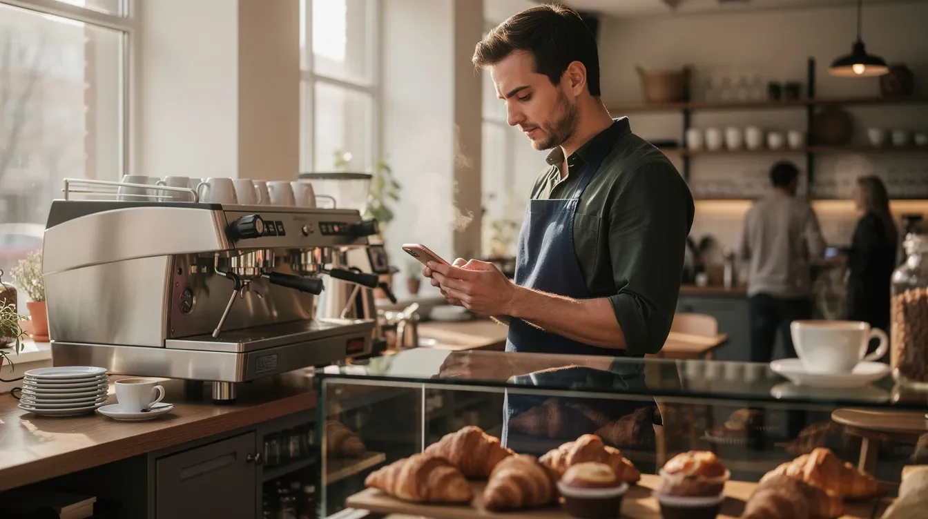 A barista stands beside a coffee counter, checking their mobile device for updates on the Starbucks partner hours app. The setting includes various coffee equipment and a warm atmosphere typical of Starbucks stores, highlighting the barista's connection to their work schedule and partner benefits.
