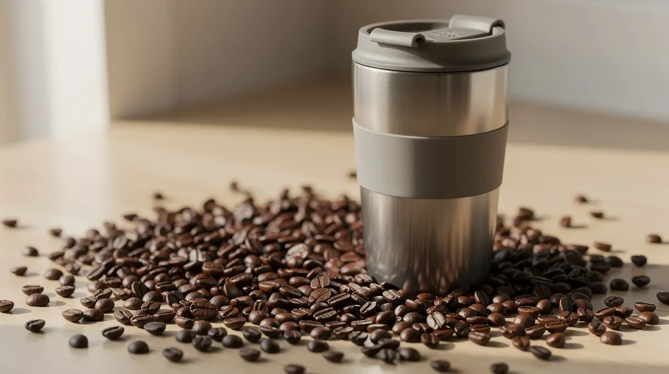The image features a pile of coffee beans next to a reusable cup placed on a counter, evoking a cozy coffee shop atmosphere. This setup highlights the importance of sustainable choices, aligning with the values of Starbucks partners and their commitment to eco-friendly practices.