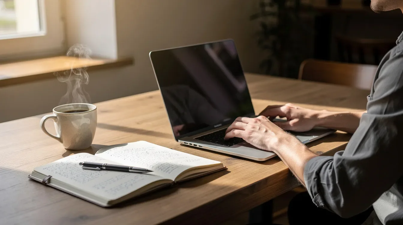 A person is sitting at a table using a laptop, with a notebook and a coffee cup beside them, likely engaged in tasks related to the Starbucks partner hours app or managing their schedule. The scene captures a moment of productivity, possibly involving accessing partner hours or preparing for upcoming shifts.