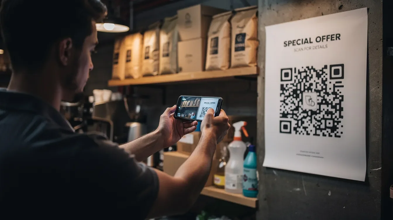 A person is using their smartphone camera to scan a QR code on a poster in the back room of a coffee shop, likely accessing the Starbucks Partner Hours app for scheduling and shift details. The scene captures the interaction between the mobile device and the QR code, emphasizing the use of technology in managing partner hours.