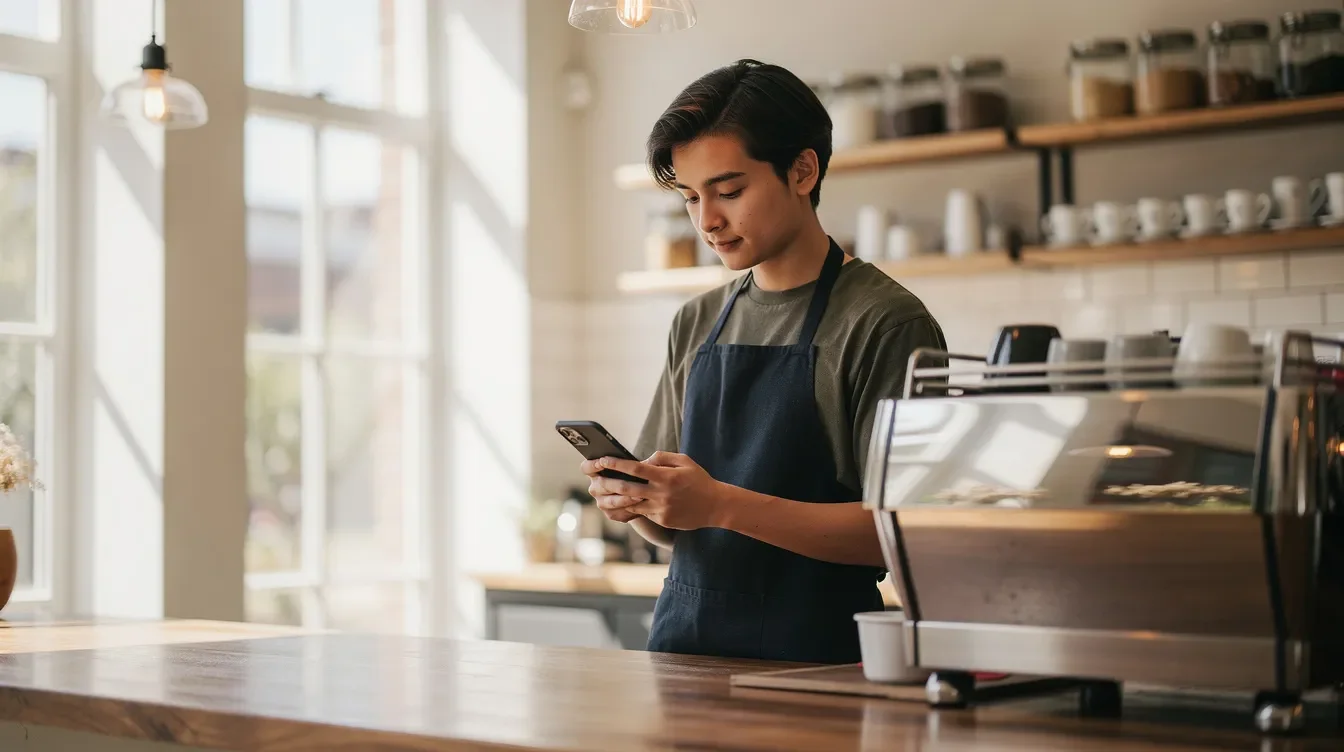A barista in an apron is intently looking at a smartphone while standing in a bright and inviting coffee shop. The environment exudes warmth, with coffee-related decor and patrons enjoying their drinks, highlighting the busy atmosphere typical of a Starbucks partner location.
