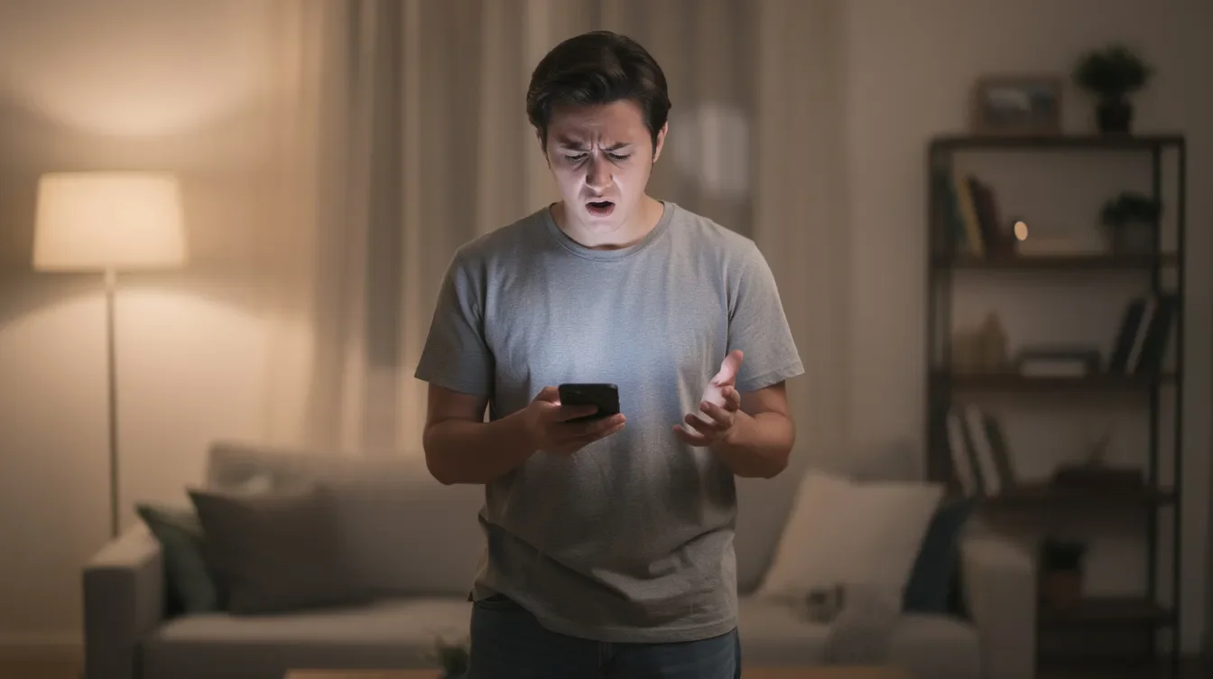 A person is holding a mobile device and looking at it with a puzzled expression in an indoor setting, possibly trying to navigate the Starbucks Partner Hours app for their work schedule or partner benefits. The indoor environment suggests they may be in a Starbucks store or a similar space.