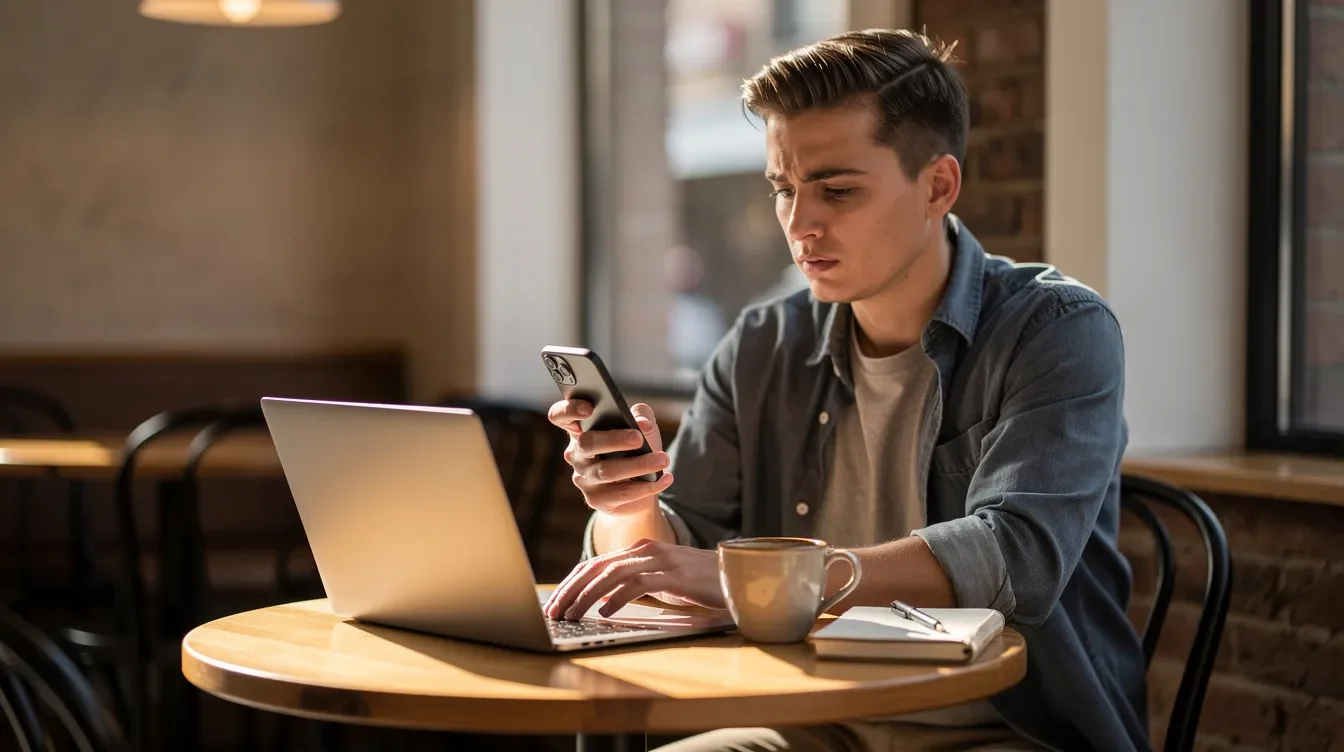 A person is seated at a small table, engaged with a laptop and a phone, likely accessing the Starbucks Partner Hub for login or partner benefits. The setup suggests a focus on work or communication, possibly related to their role as a Starbucks partner.