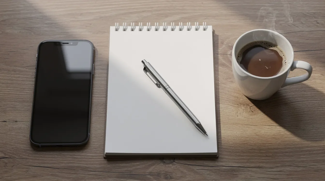 A smartphone rests next to a notebook and a steaming coffee cup, symbolizing a productive work environment for Starbucks partners. This setup could represent accessing the Starbucks partner hub for managing schedules and benefits.