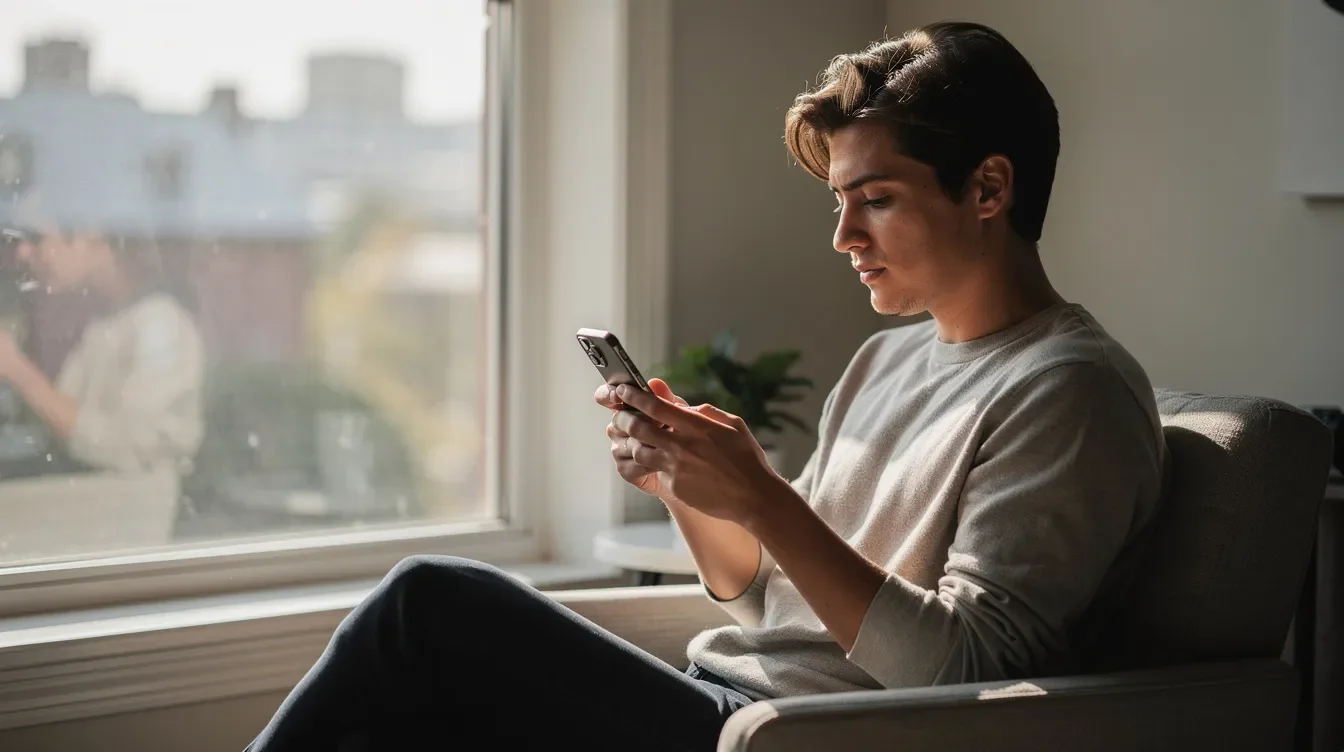 A person is sitting near a window, focused on checking their phone, possibly accessing the Starbucks Partner Hub for login details or partner benefits. The bright light from the window highlights their engagement with the device, suggesting a moment of productivity or connection to the Starbucks community.