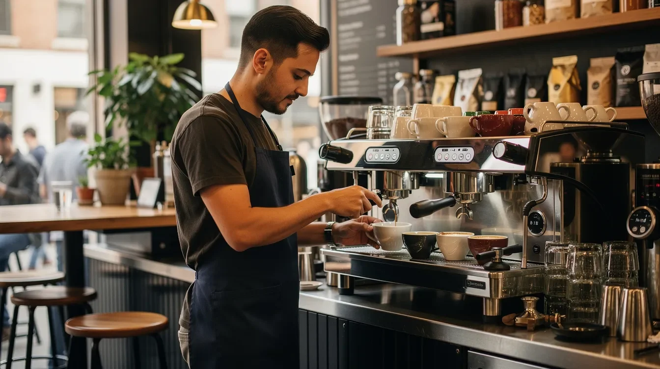 A busy coffee shop scene shows a barista skillfully preparing coffee drinks behind a modern espresso bar, with customers enjoying their beverages in the background. The atmosphere is lively, highlighting the daily hustle of Starbucks partners as they serve patrons.