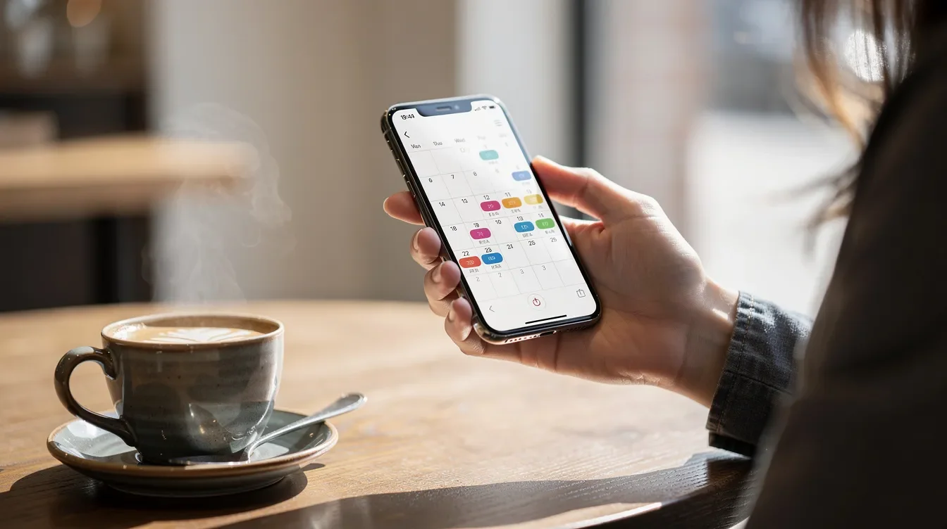 A person is sitting at a table with a coffee cup, holding a smartphone that displays a calendar app, likely checking their work schedule or partner hours for Starbucks. The scene suggests a casual environment where they may be planning their day or managing time-off requests.