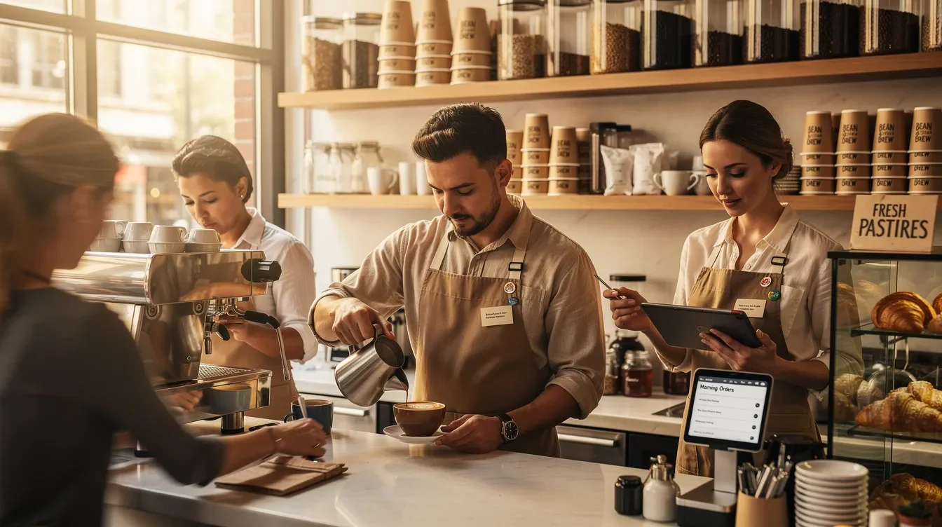 The image depicts a team of Starbucks employees working collaboratively behind the counter during a busy morning rush, efficiently serving customers and managing orders. The atmosphere is dynamic, showcasing the teamwork and energy typical of partner hours at a coffee shop.