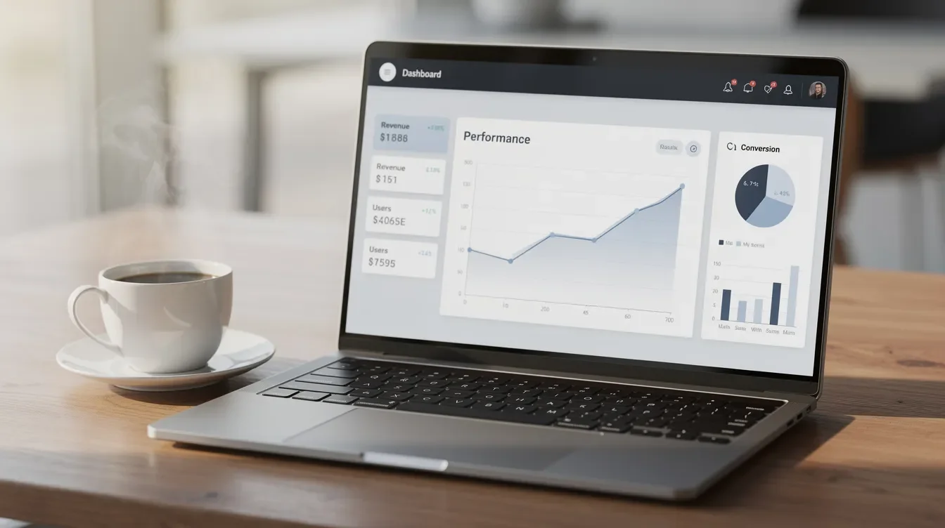 An open laptop sits on a desk next to a steaming cup of coffee, displaying a generic dashboard interface that may include options for managing partner hours and accessing the Starbucks partner hub. The scene suggests a workspace where a store manager might review shift details or partner benefits.